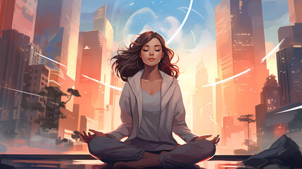 Illustration of a woman practicing meditation, yoga, relaxation in the city downtown, with tranquility, peaceful mind, well-being and serenity - Generated by Generative AI