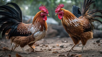 Cock fight on the farm. Rooster fight on the farm. Farm Concept with Copy Space. - obrazy, fototapety, plakaty