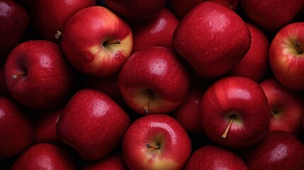  a pile of red apples sitting next to each other on top of a pile of other apples in front of a black background with water droplets on the top of the apples.