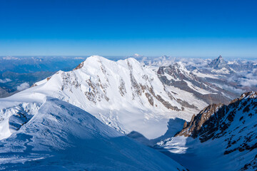 Monte Rosa, landscape of alpine glacier and Dufourspitze highest mount in swiss Alps at...