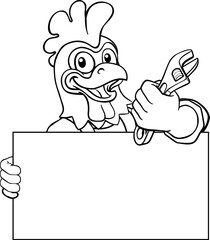 Obraz premium A chicken or rooster handyman, mechanic, plumber or other construction cartoon mascot man holding a wrench or spanner tool.