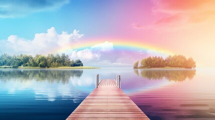 a dock on a lake with a rainbow in the sky