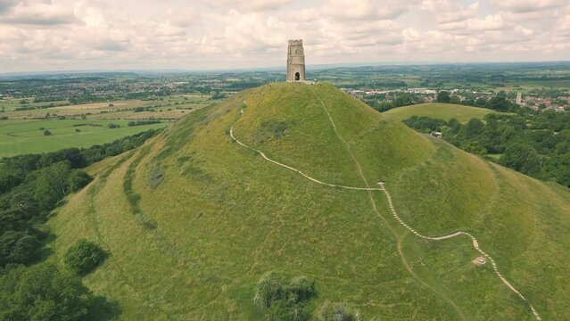 Aerial drone shot of Glastonbury Tor and countryside, Somerset UK