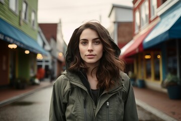 Obraz premium Portrait of a content woman in her 20s wearing a functional windbreaker against a charming small town main street. AI Generation