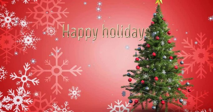 Animation of happy holidays text over christmas tree in winter scenery