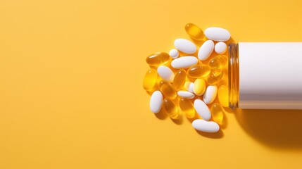  a bottle of pills spilling out of it on a yellow background with a white cap on the top of the...