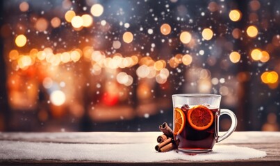 Mulled wine for celebrating Christmas Eve at the Christmas tree. Hot traditional winter drink for the New Year.copy space - obrazy, fototapety, plakaty