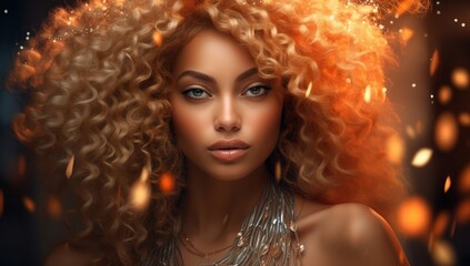 Woman with striking curly hair and a glamorous look against a sparkling backdrop, embodying beauty and elegance. - obrazy, fototapety, plakaty