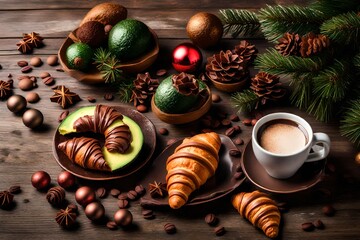 Obraz na płótnie Canvas Christmas decorations of chocolate, avocado, croissant and coffee cup