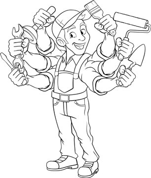 A handyman cartoon handy man caretaker construction worker or maintenance man multitasking caretaker concept.