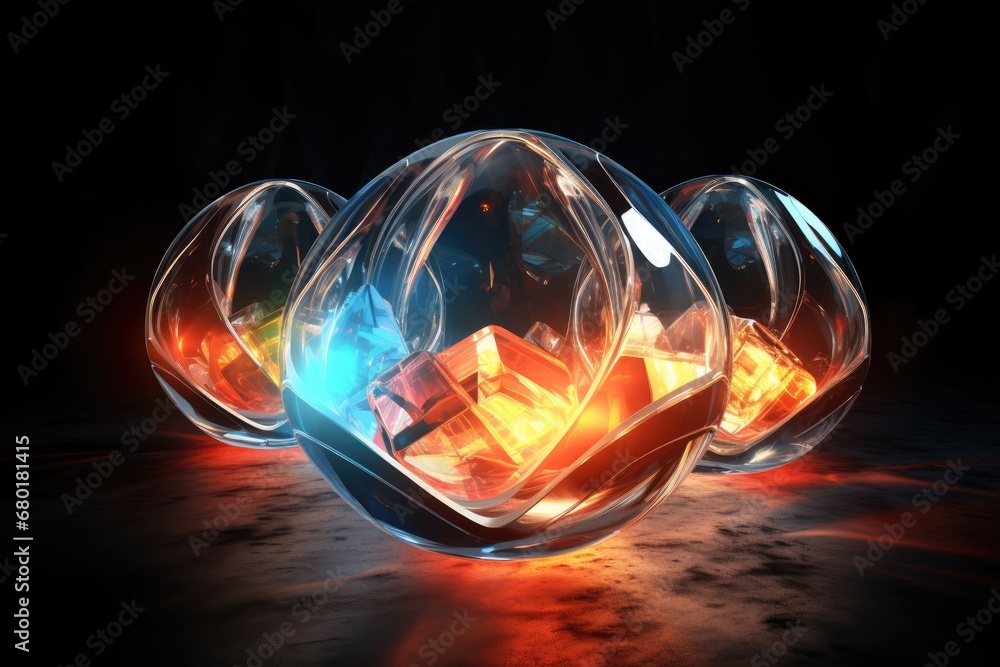 Poster magical multi colored orbs transforming a group of glass vases into a generative ai