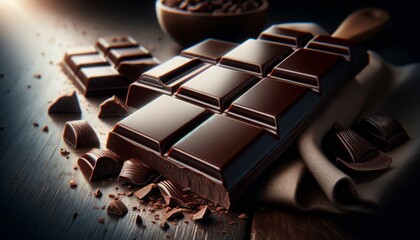 Rich dark chocolate bar with high cocoa content, glossy texture, and deep color, partially broken.
