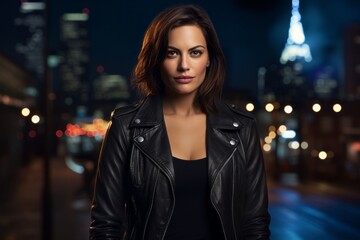Portrait of a blissful woman in her 40s sporting a classic leather jacket against a glittering city nightlife. AI Generation