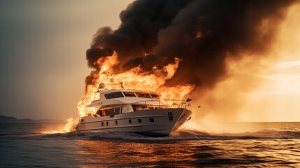 A large ship caught fire at sea - obrazy, fototapety, plakaty