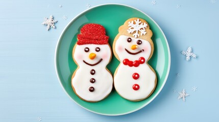  two decorated cookies on a plate with snowflakes and snowflakes on the side of the plate and snowflakes on the other side of the plate.