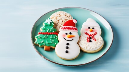  a plate of decorated cookies with frosting and a snowman and a snowman on one of the cookies and a snowman on the other one of the cookies.