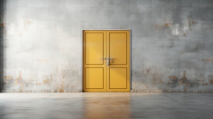  a yellow door sitting in the middle of a room with a cement wall and a concrete floor with a cement floor and a concrete wall with a door in the middle. - obrazy, fototapety, plakaty