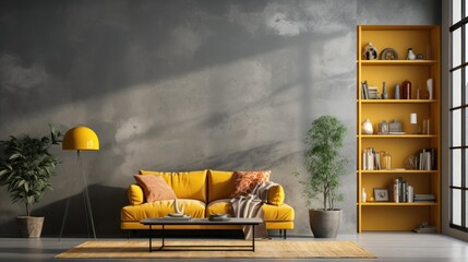  a living room with a yellow couch and bookshelf with a potted plant on the far side of the room...