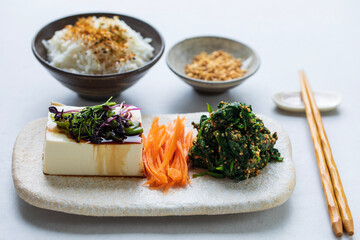 Japanese lunch with silken tofu, spinach gomae