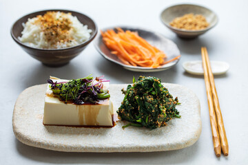 Japanese lunch with silken tofu, spinach gomae