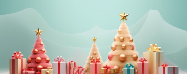 Obraz premium Decorated christmas tree with presents ,greeting card panorama illustration. Generative Ai.
