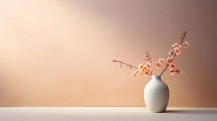  a white vase filled with pink flowers on top of a white table with a pink wall behind it and a light pink wall behind the vase and a light pink wall behind the vase.