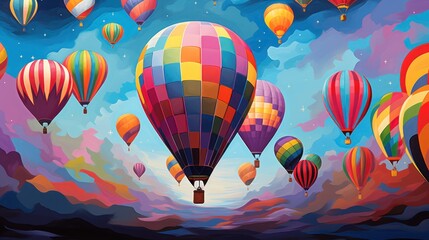 Fototapeta premium a painting of many colorful hot air balloons flying in the sky with clouds and stars in the sky, with blue, purple, yellow, red, orange, and pink, and white colors.