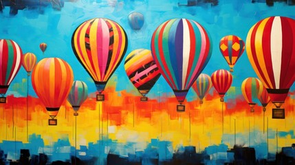  a painting of a bunch of hot air balloons flying in the sky with a cityscape in the background and a blue sky with yellow, red, orange, yellow, red, yellow, and pink, and orange, and white stripes.