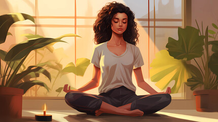 
Illustration of a woman practicing meditation, yoga, relaxation in her calm and cozy home, with tranquility, peaceful mind, well-being and serenity - Generated by Generative AI