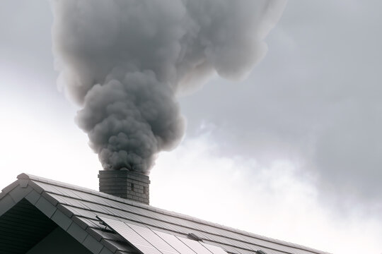 Dark smoke comes out of the chimney of a modern house during the late autumn and winter. Heating with solid fuel. The concept of environmental pollution