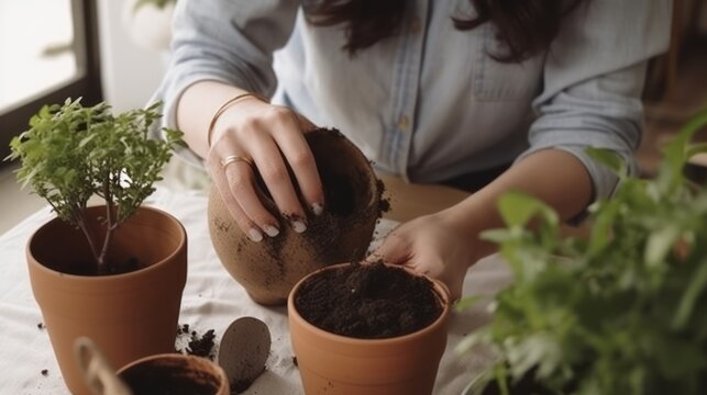 Young female woman gardener growing plants and holding pot in greenhouse and plant nursery. Home gardening concept