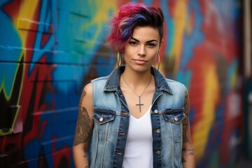 Naklejka premium Portrait of a content woman in her 30s wearing a rugged jean vest against a vibrant graffiti wall. AI Generation