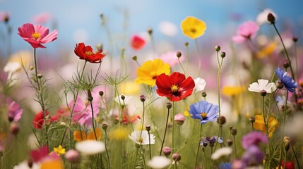  a field full of colorful flowers with a blue sky in the backgrounnd of the picture is a field full of colorful flowers with white, red, yellow, pink, blue, purple  flowers.
