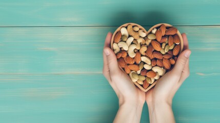  two hands holding a heart shaped box filled with nuts on top of a blue wooden table next to a blue wooden wall and a turquoise painted wooden planked wall.