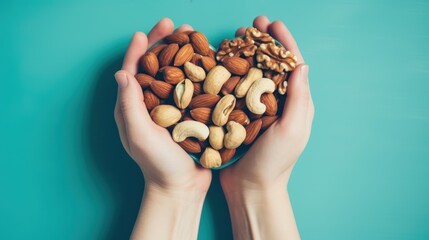  two hands holding a handful of almonds in the shape of a heart on a blue background with copy - space in the middle to the top left of the image. - obrazy, fototapety, plakaty