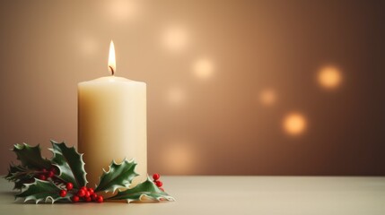 a lit candle with holly and red berries on a table with blurry lights in the background and a candle holder with holly and red berries in the foreground.