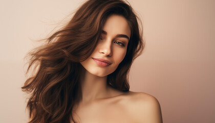 Fototapeta premium Radiant Beauty: A Smiling Woman in Fashionable Makeup, Embracing a Cool Attitude in a Studio Headshot