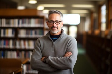 Fototapeta premium Portrait of a joyful man in his 50s dressed in a comfy fleece pullover against a classic library interior. AI Generation
