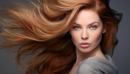 Radiant Redhead: Captivating Fashion Model with Long Hair in Studio Shot, a Glamorous Portrait of Beauty and Style.