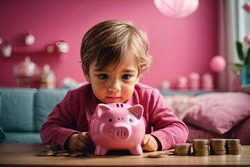 Little Child Cultivating Savings, Tenderly Tucking Coins into Piggybank Amidst a World of Innocence - obrazy, fototapety, plakaty