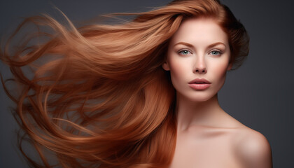 Fototapeta premium Sculpted Perfection: Close-up Studio Shot of a Beautiful Woman, Her Long Red Hair Flowing in the Wind, a Fashion Model's Portrait.