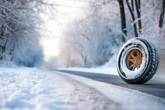 A car wheel with winter tires in a snowdrift against the backdrop of a snow-covered road and forest. Free space for text. 