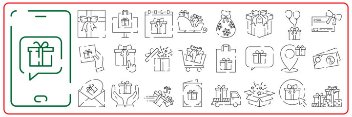 Christmas gift box line icons set, such as present, discount, package, price tag. Happy New Year vector
