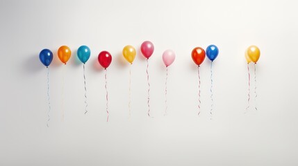  a row of multicolored balloons on a white wall with a string of red, yellow, blue, green, and pink in the middle of the balloons.