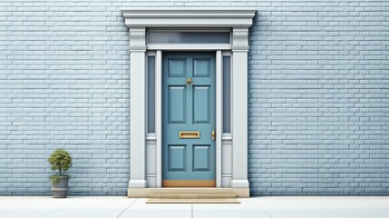  a blue door in front of a blue brick wall with a potted plant in the foreground and a potted plant in the foreground of the door. - obrazy, fototapety, plakaty