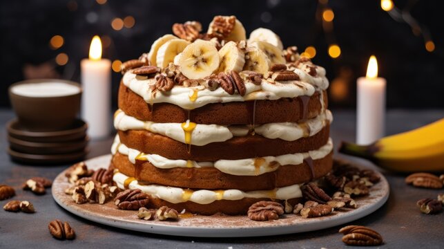  a cake sitting on top of a white plate covered in frosting and pecans next to a candle and a bunch of pecans on the side of pecans.