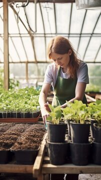Young female woman farmer gardener growing plants and holding pot in greenhouse and plant nursery. 