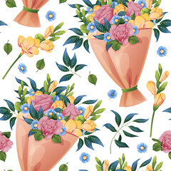 Seamless pattern with bouquet of roses and freesia. Birthday floral background. Festive texture for wrapping paper, cards, fabric, wallpaper.