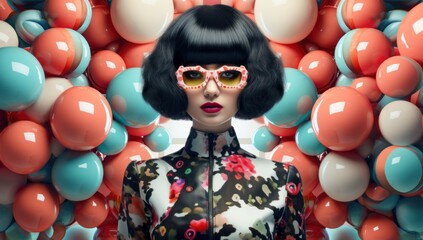 An Asian woman, adorned with a sleek black wig, in retro fashion against a colorful background,...