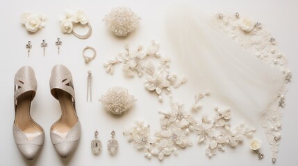  a bride's wedding accessories including a veil, shoes, and necklaces are laid out on a white surface next to a bouquet of flowers and a veil.